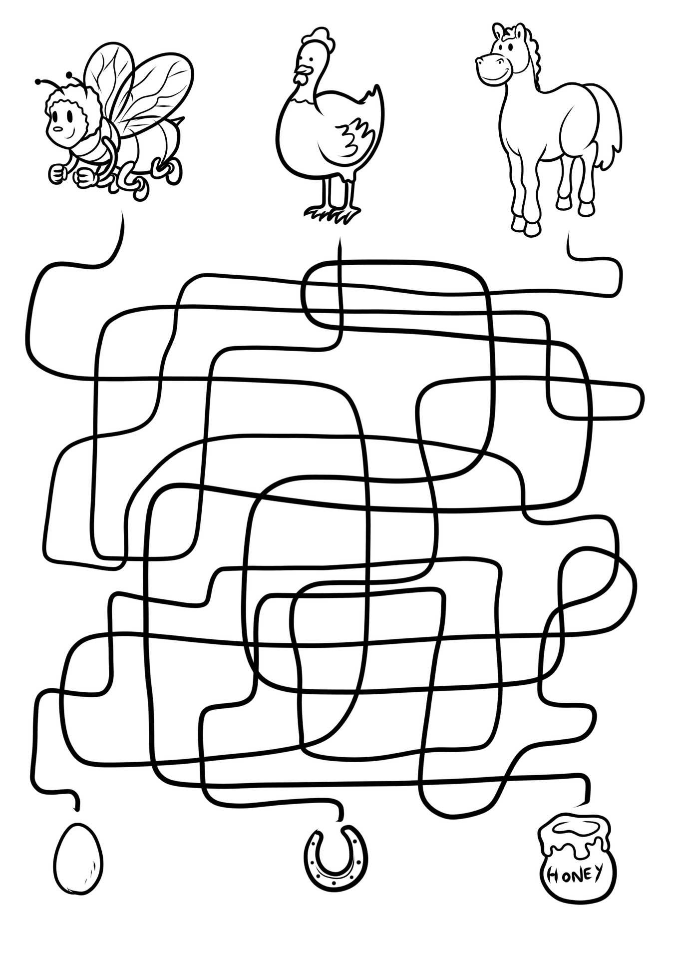 Denna målarbild med en djurlabyrint hjälper barn att utveckla logiskt tänkande när de navigerar stigar mellan ett bi, en kyckling och en häst.