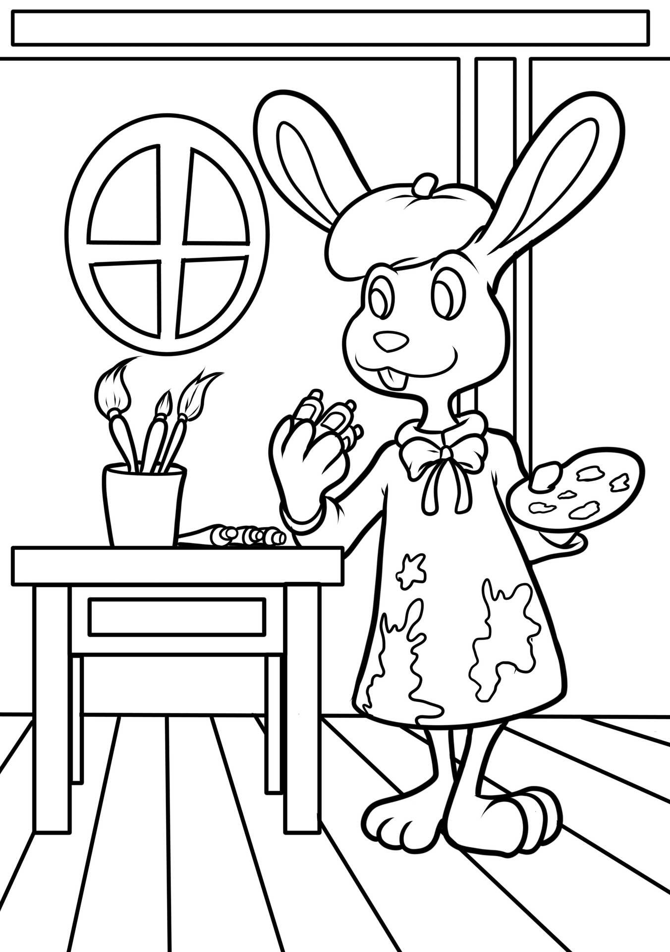 En målarbild av en konstnärskanin, perfekt för barn som älskar djur och lugna, kreativa ateljéscener.