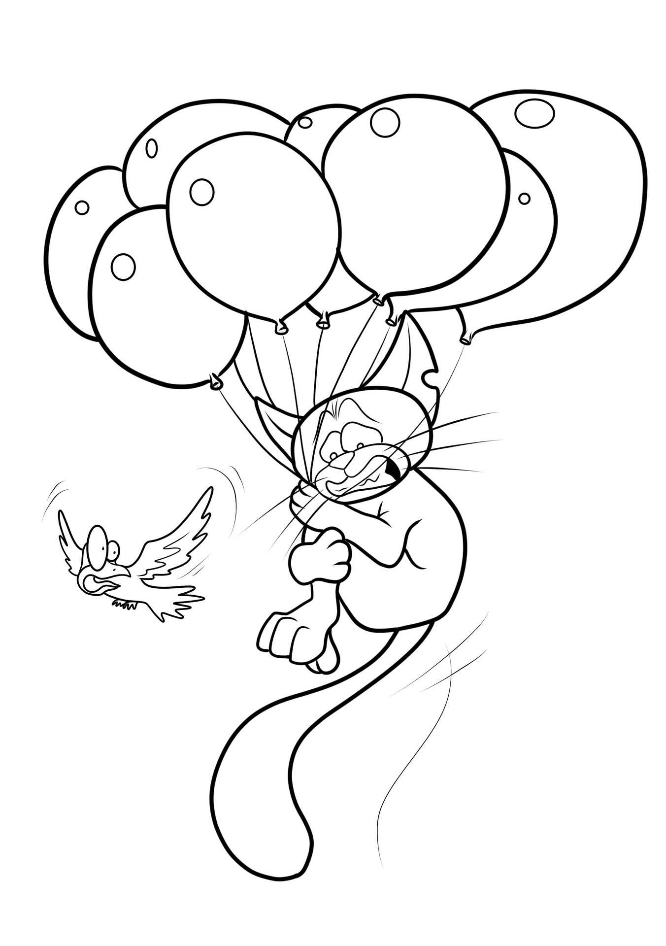 En lekfull bild med en rolig katt som svävar högt över marken med ballonger medan en liten fågel tittar på.