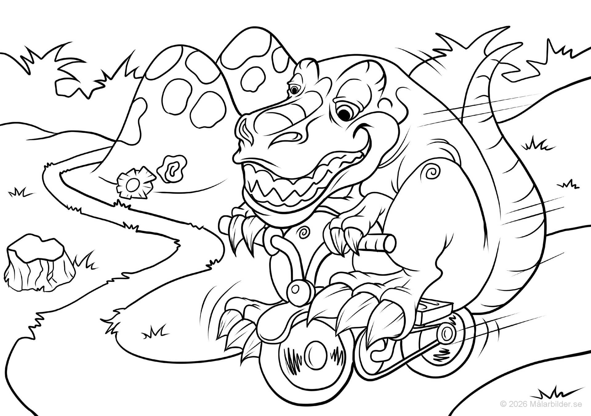Bli kreativ med vår målarbild av en T-Rex på motorcykel! En rolig förhistorisk scen med en dinosaurie som kör fort, perfekt för barn att färglägga och dekorera.