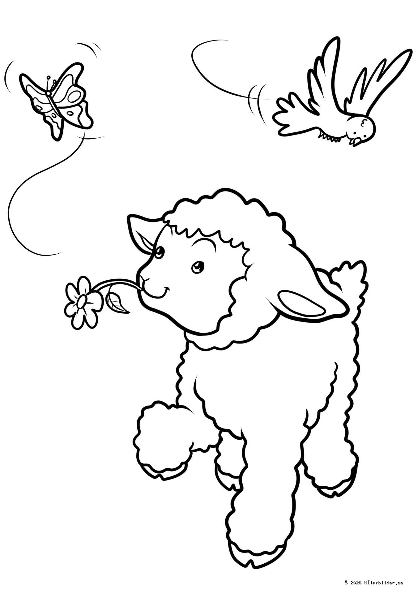 Njut av en fridfull ängsscen med denna målarbild av ett lamm, en fjäril och en fågel. Perfekt för kreativa barn och lärorik lek.
