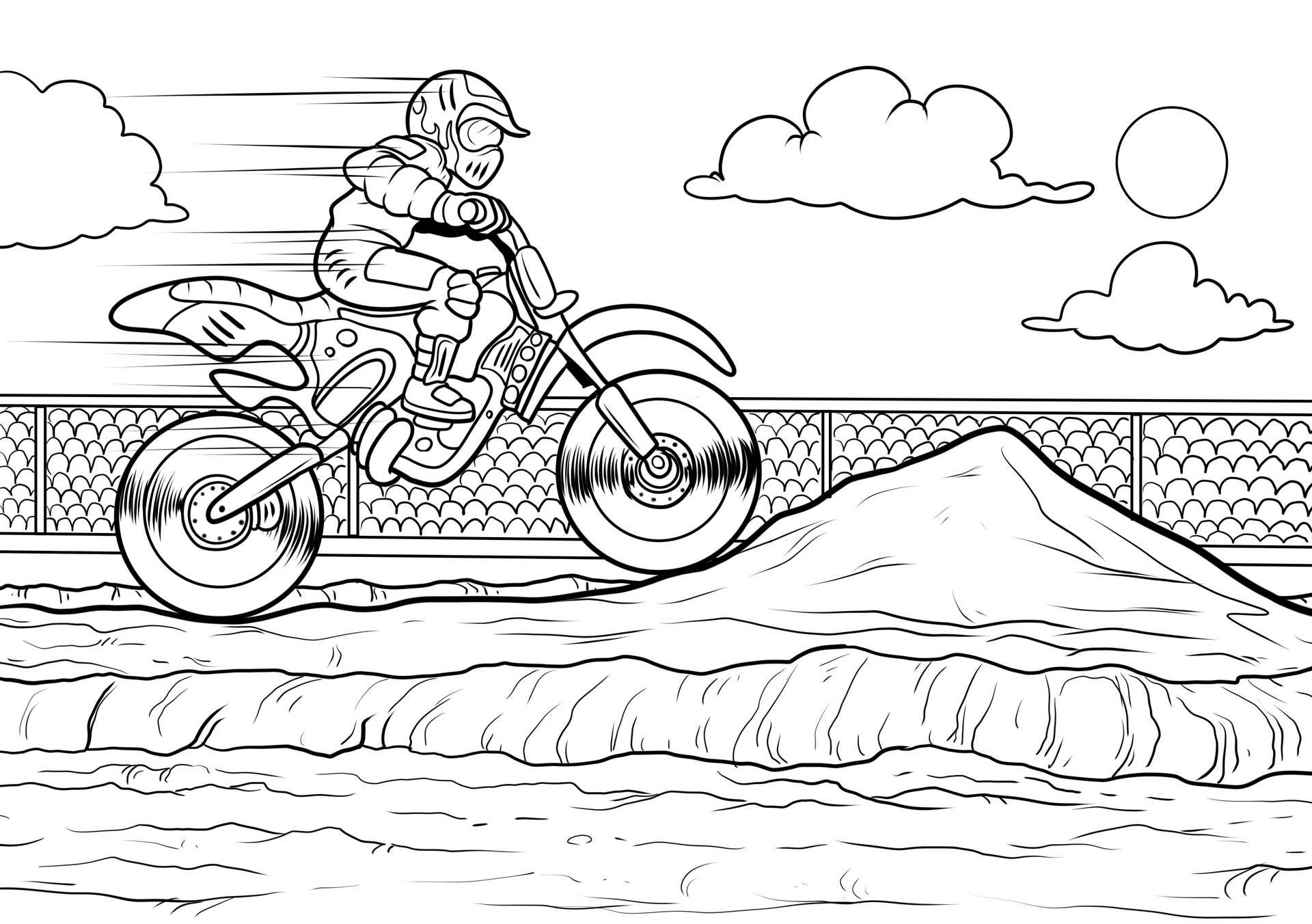 Denna målarbild visar en professionell motocrossförare som gör ett vågat hopp över en ojämn jordbana under ett lopp.