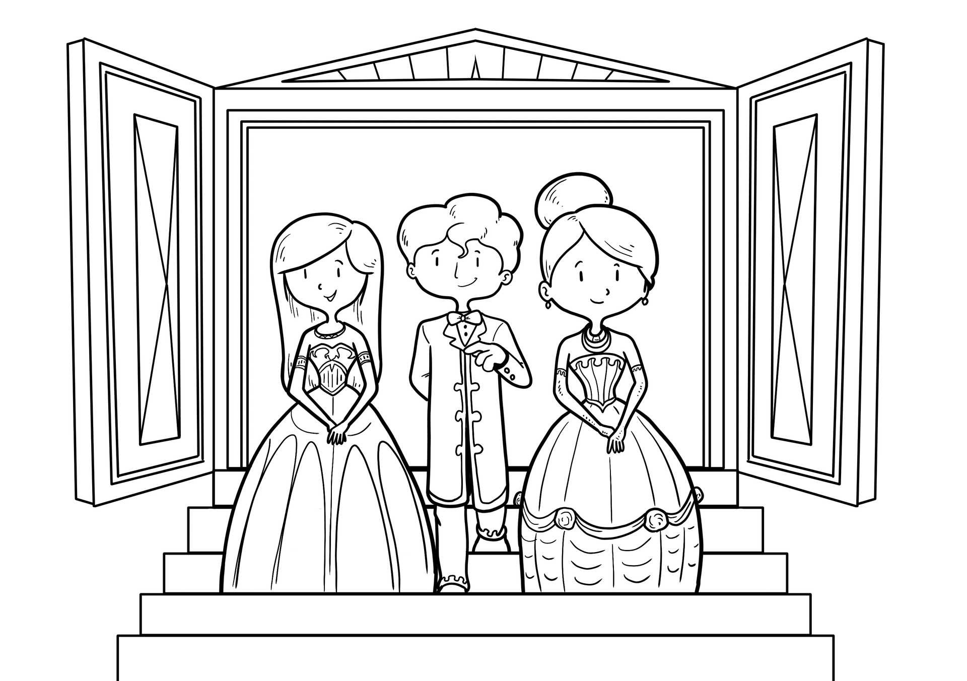 Denna målarbild av ett kungligt palats visar en prins och två prinsessor klädda i sina finaste kläder för ett speciellt kvällsfirande.
