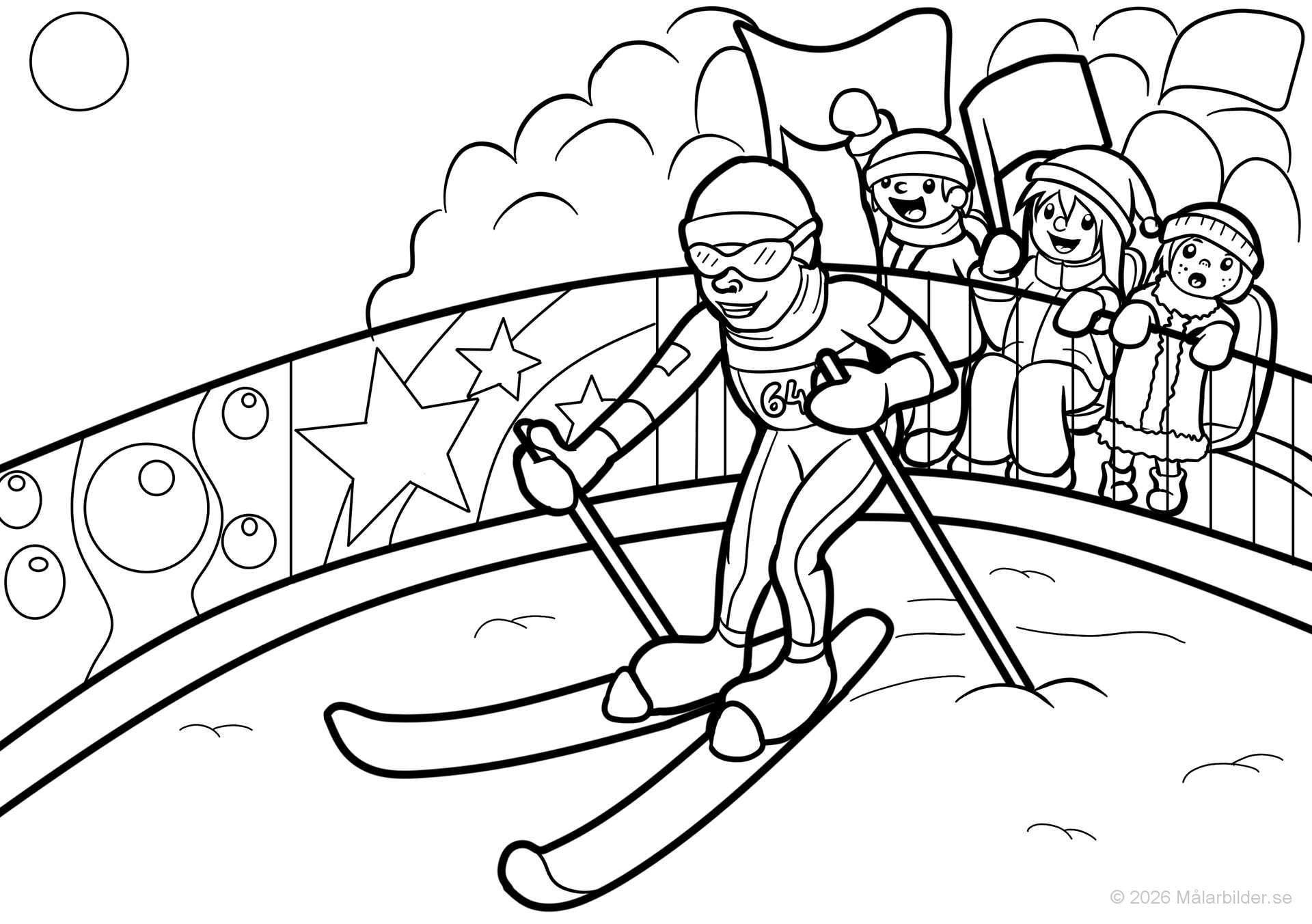 Fartfylld målarbild med skidåkning för barn. Visa en skidåkare i full fart nerför backen med hejande publik. Perfekt för vintersportfans och unga konstnärer.