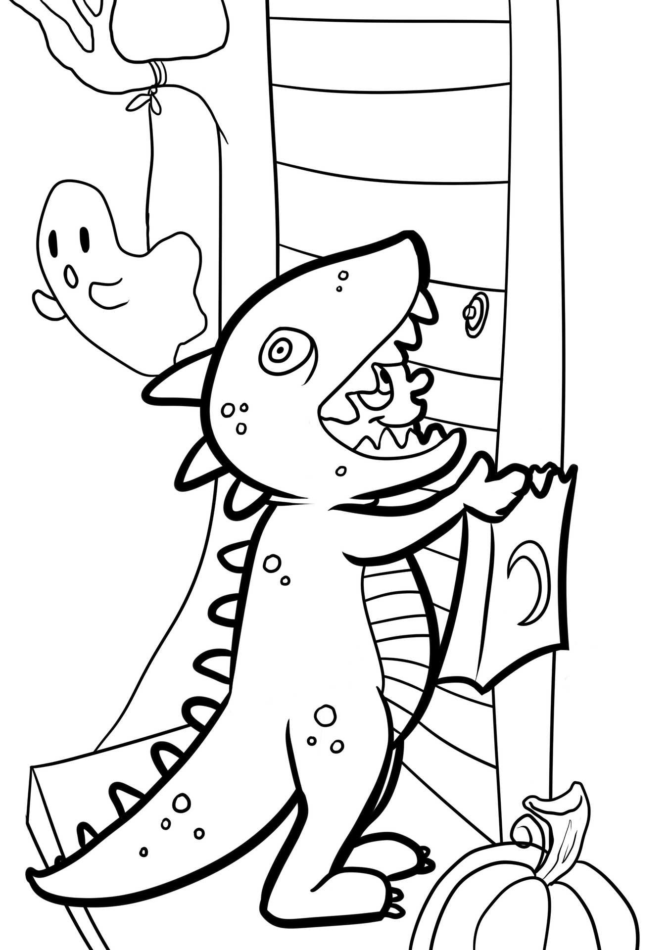 Denna målarbild med Halloween-dinosaurie föreställer ett barn i dräkt som går bus-eller-godis bredvid ett kusligt spöke och en pumpa.