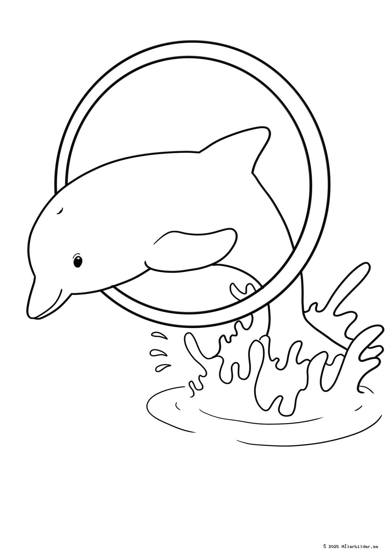 Färglägg en rolig målarbild med en lekfull delfin som hoppar genom en ring. Perfekt för barn som vill lära sig om havsdjur och deras akrobatiska konster.