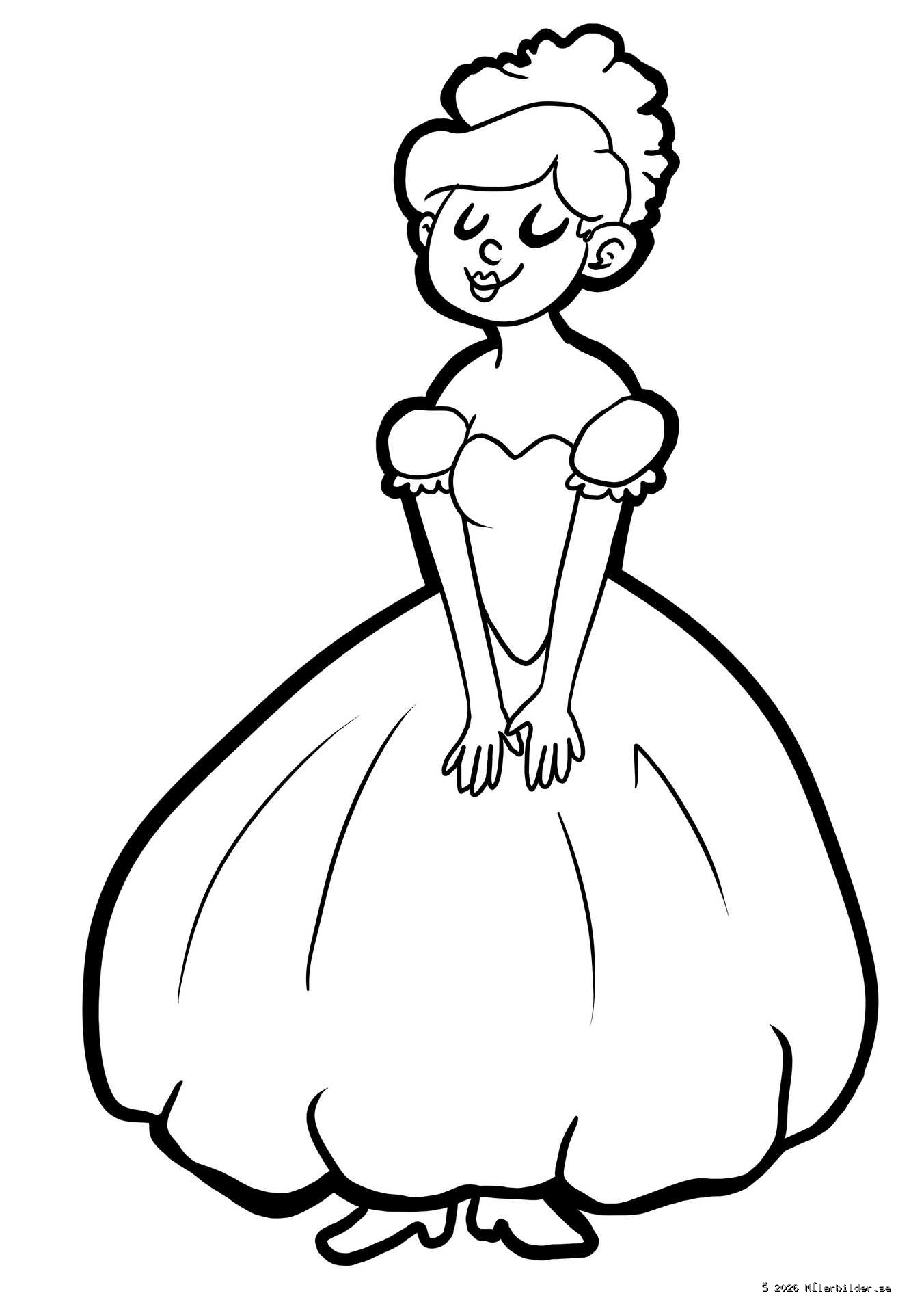 Färglägg en elegant prinsessa i en vacker balklänning med puffärmar. Perfekt för barn som älskar sagor, kungligheter och stilfullt mode. Skriv ut och måla!