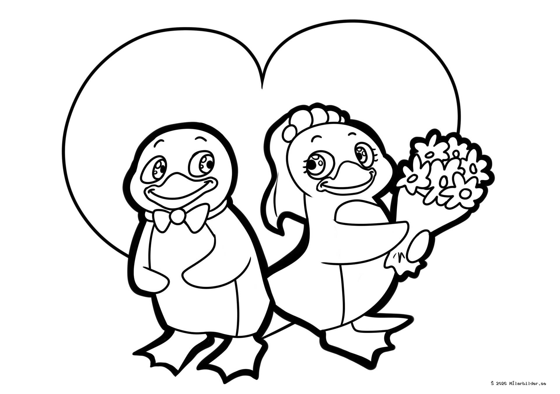 Fira kärleken med vår målarbild av ett sött pingvinbrudpar! Med en fin blombukett och ett stort hjärta i bakgrunden. Perfekt att färglägga!